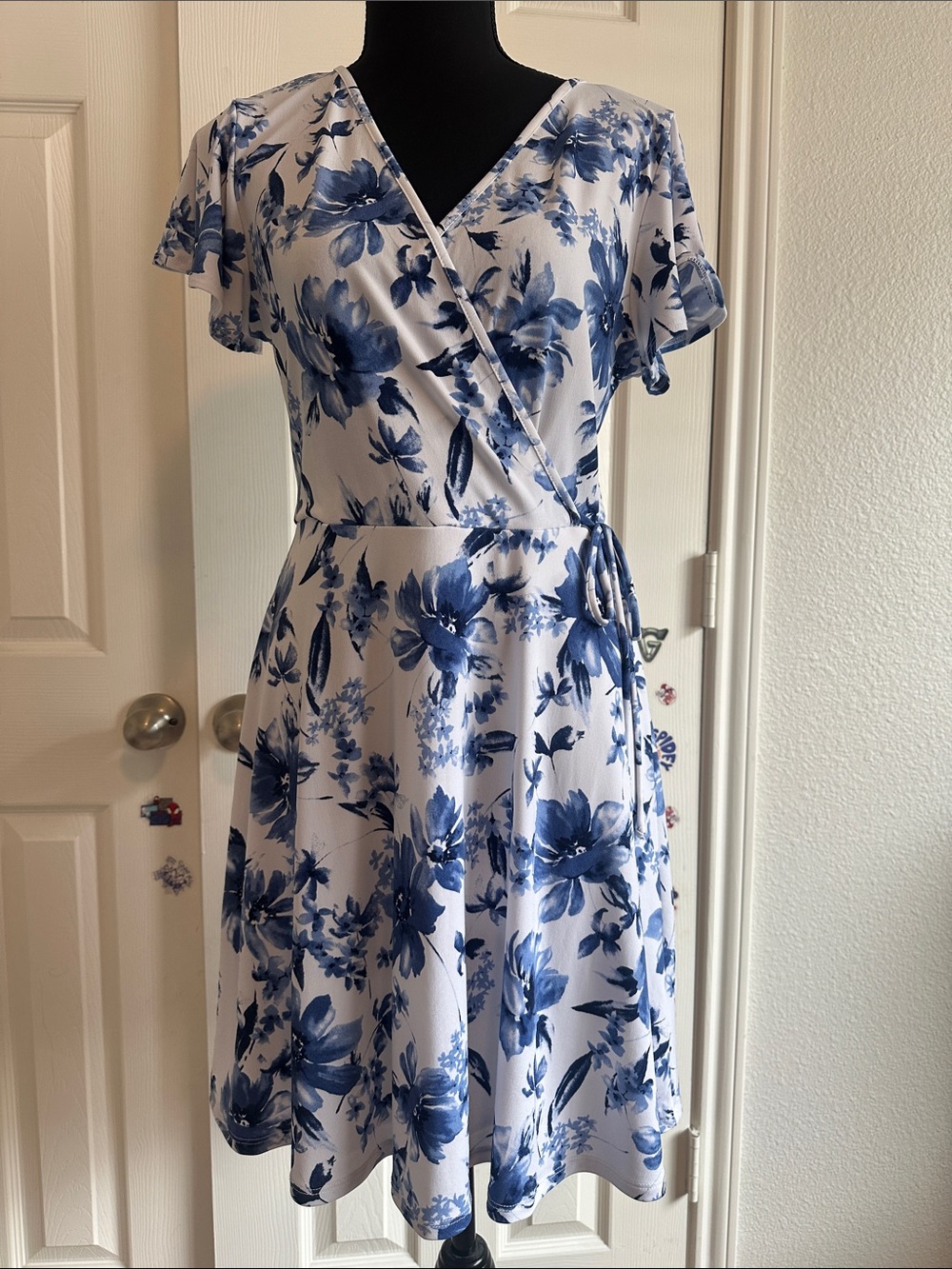 Kaileigh White Dress with Blue Floral Print